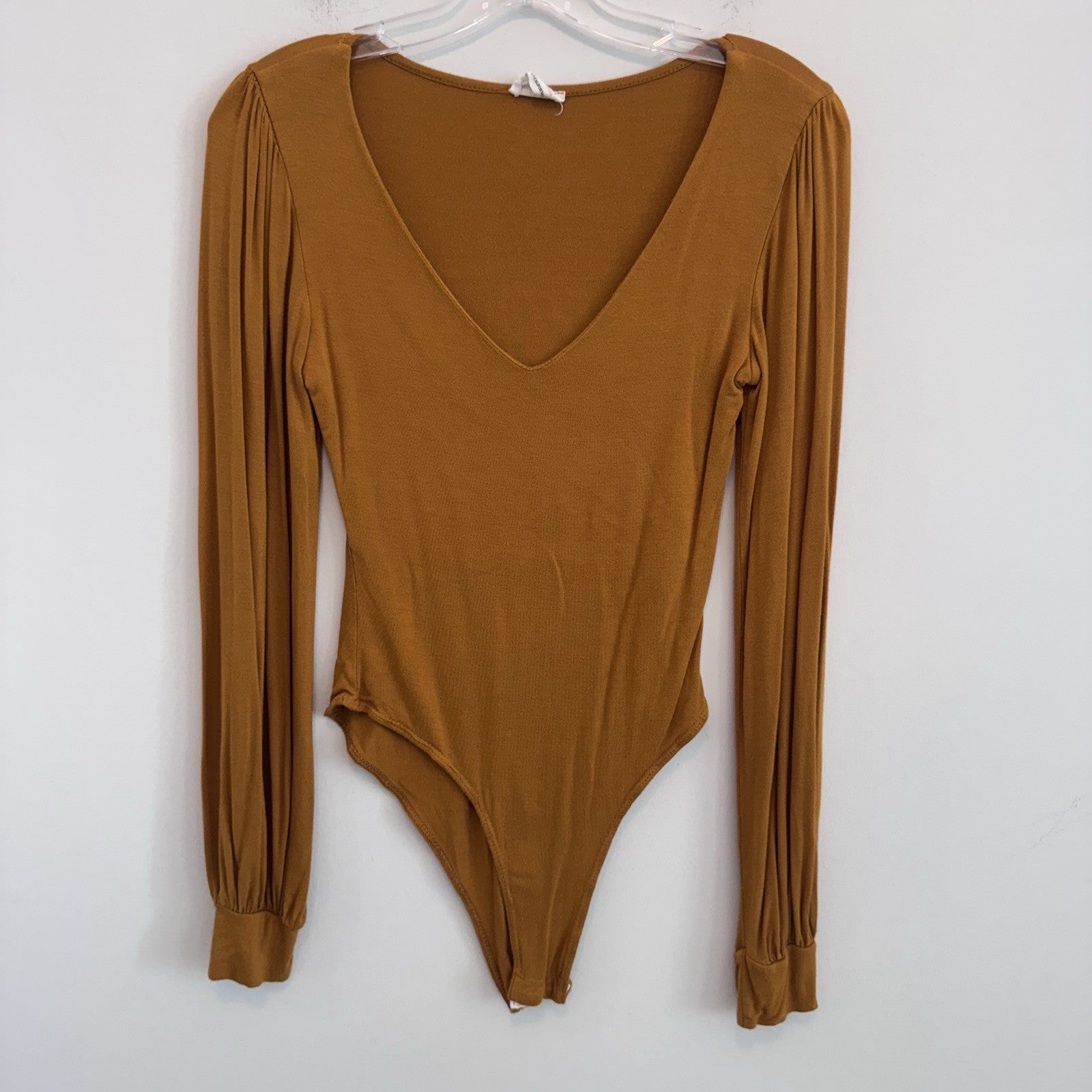 Peach Love Club Bodysuit Womens S Brown Boho Puff Sleeve V Neck