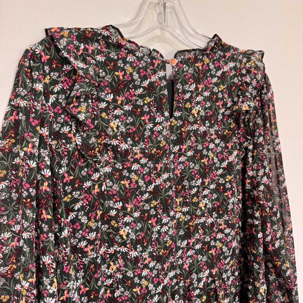 Draper James RSVP XL Dress Floral Smocked Metallic Tiered Long Sleeve Chiffon