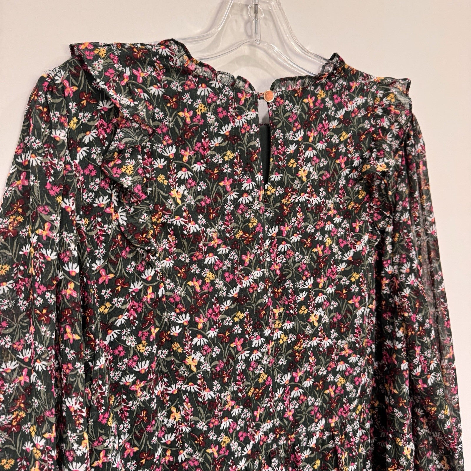 Draper James RSVP XL Dress Floral Smocked Metallic Tiered Long Sleeve Chiffon