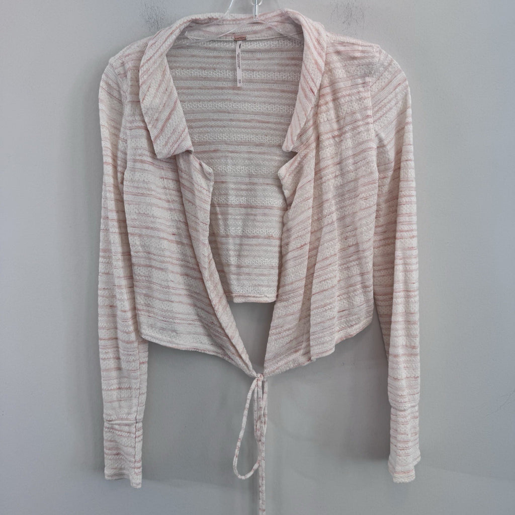 Free People XS Pink Ivory Open Front Tie Cardigan Knit Boho Sweater