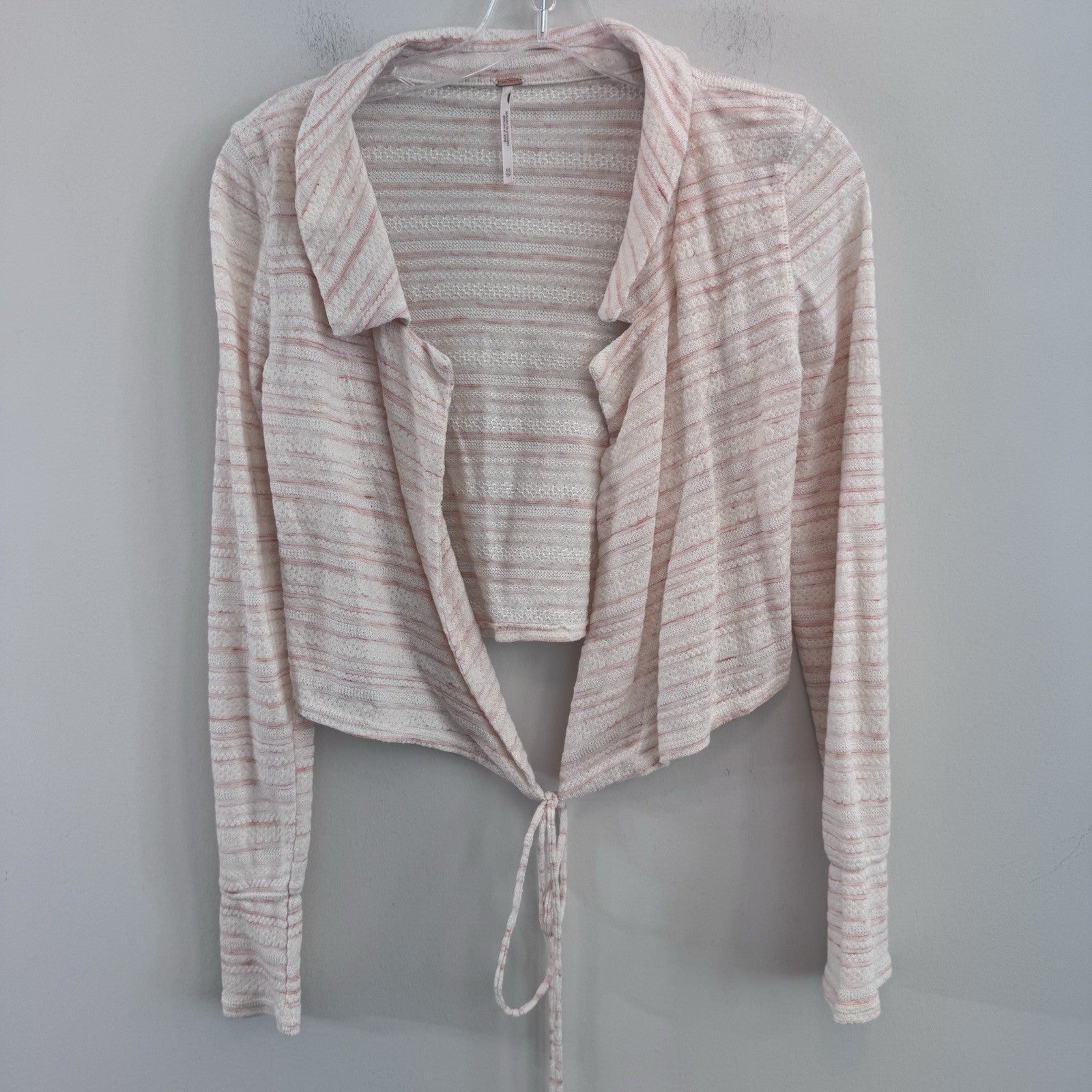 Free People XS Pink Ivory Open Front Tie Cardigan Knit Boho Sweater