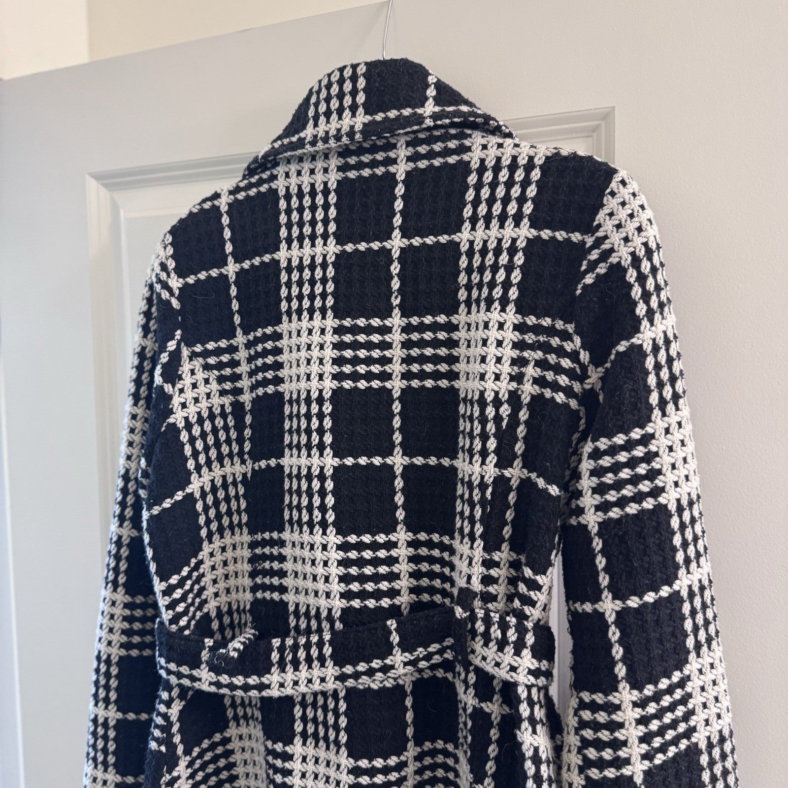 Y2K Body Central Plaid Wool Blend Coat Jacket L Black White Belted Vintage Loop 