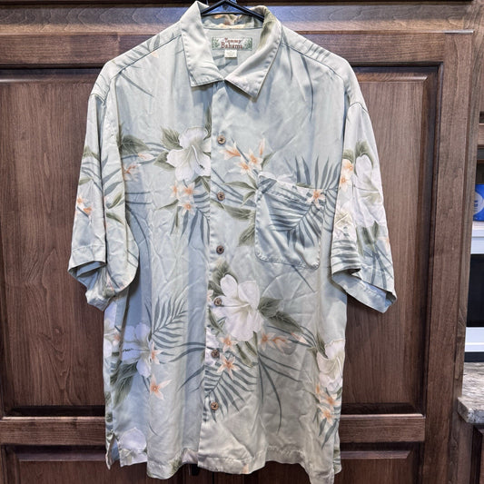Tommy Bahama Silk Hawaiian Shirt Medium Floral Green Leaves Tropical