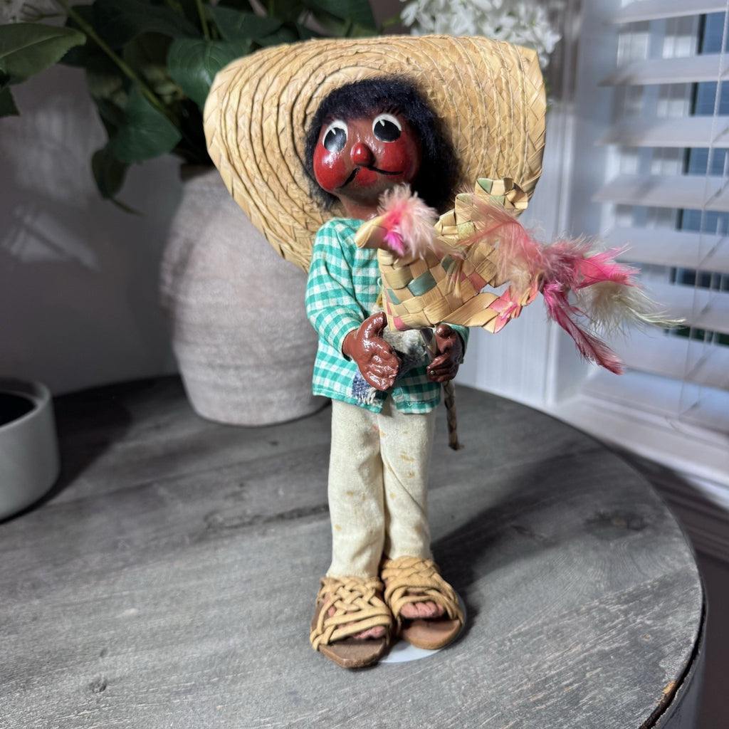 VTG Mexican Folk Art Cloth Dolls Pair Hand Painted Man Woman Handmade Straw Hat