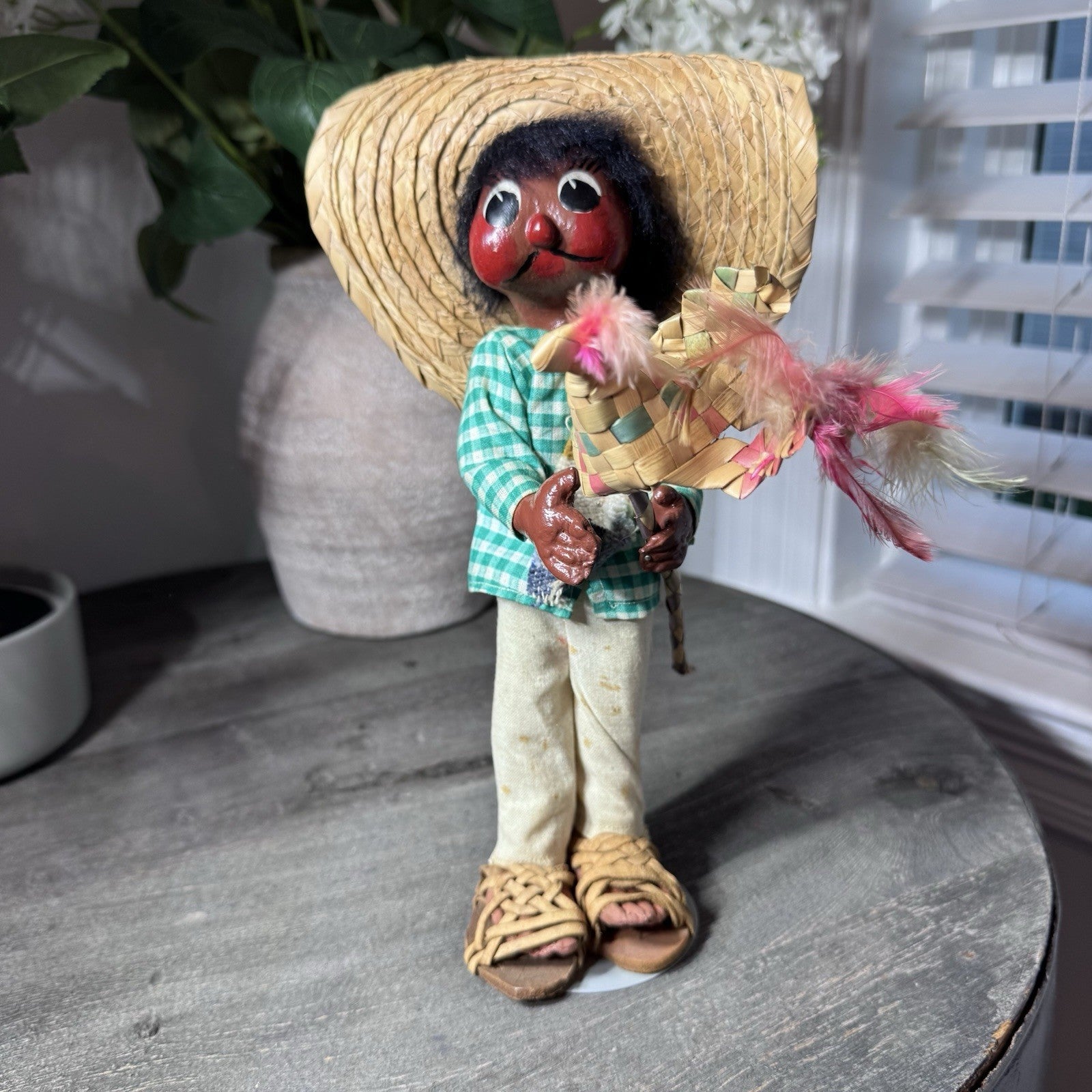 VTG Mexican Folk Art Cloth Dolls Pair Hand Painted Man Woman Handmade Straw Hat