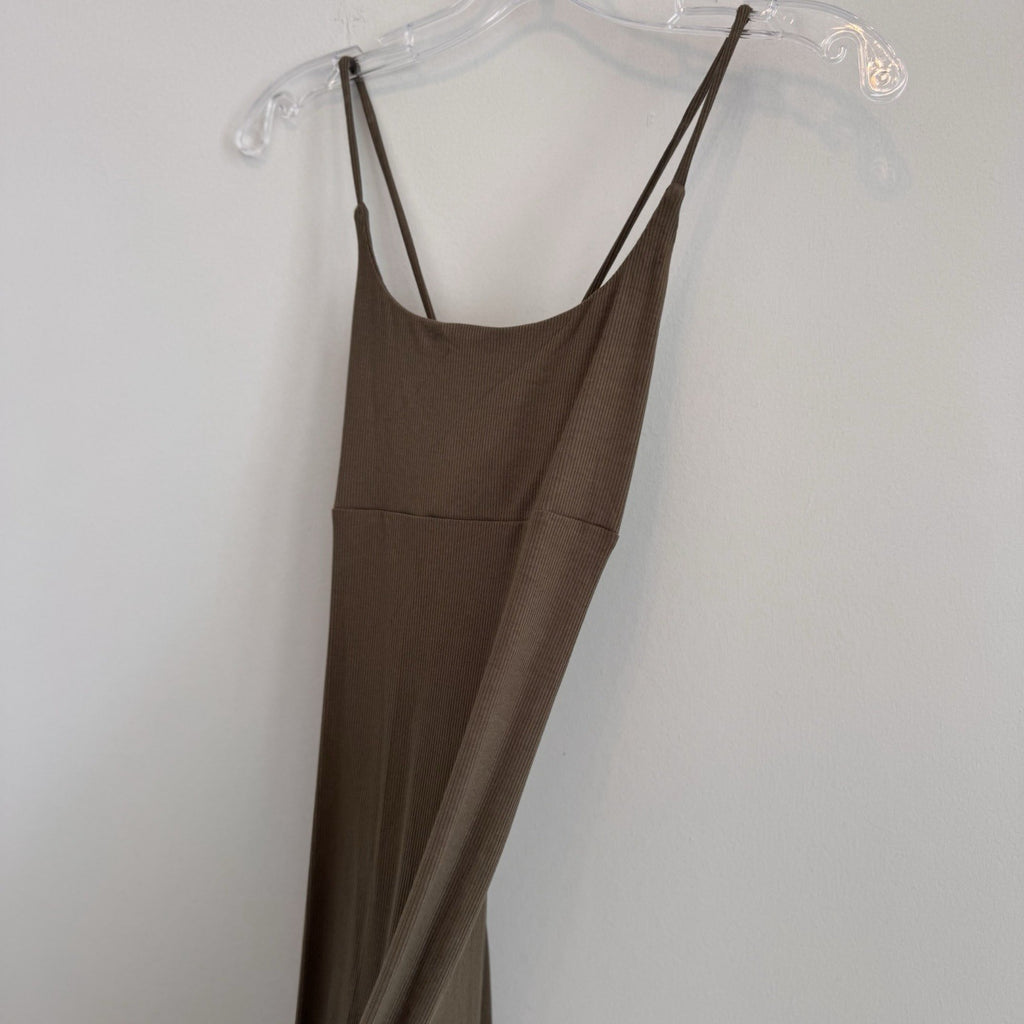 HALARA Ribbed Lace Up Back Split Hem Midi Dress Olive Brown Medium NWT