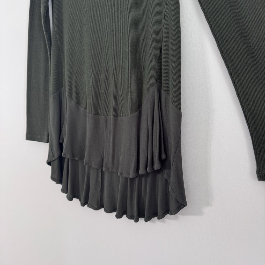 Altar'd State Women's Small Olive Green Ribbed Long Sleeve Top Ruffle Hem Tunic
