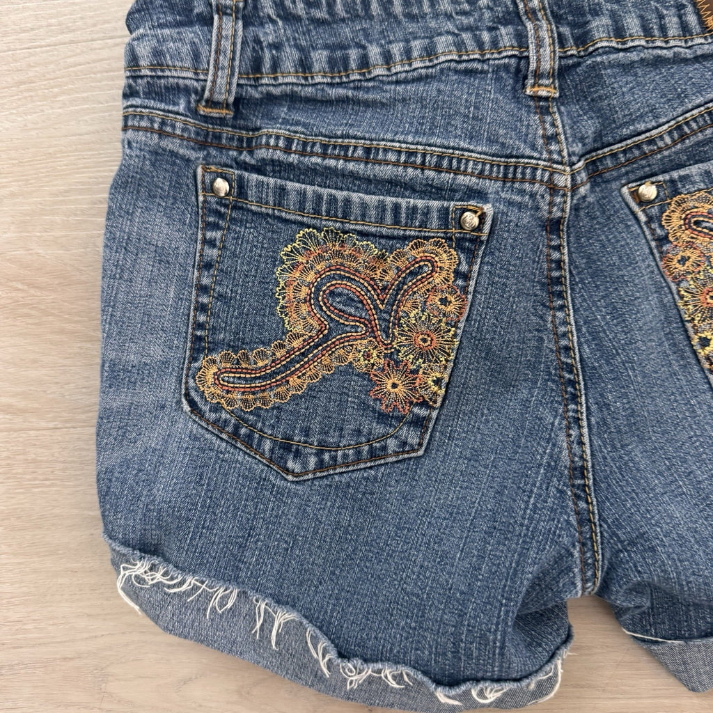Rocawear Y2K Denim Shorts Sz 5 Low Rise Embroidered Logo Women’s Baddie