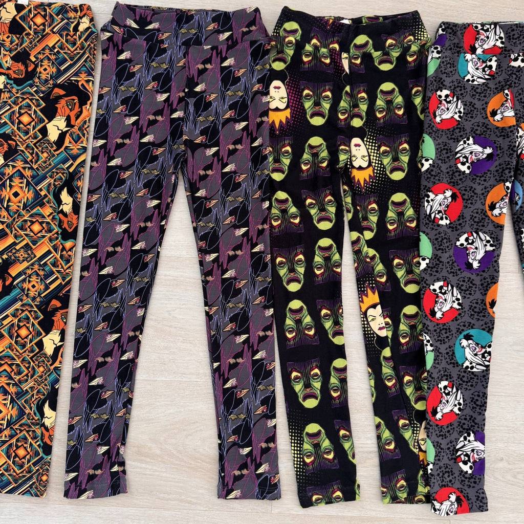 LuLaRoe Disney Villains Leggings Lot 4 L/XL Cruella Scar Evil Queen Maleficent