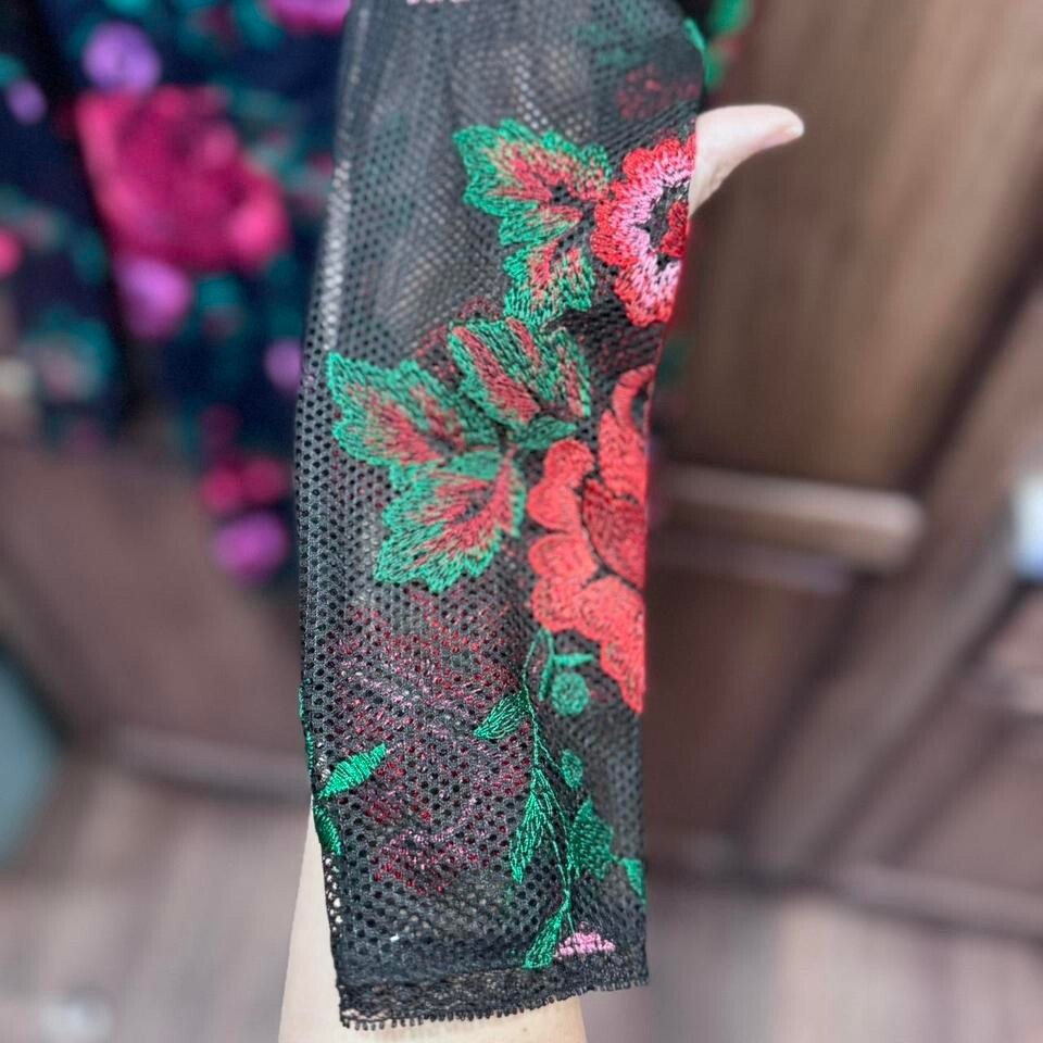 Nasty Gal Collection Floral Mesh Mini Dress Long Sleeve Black Red Green Size S