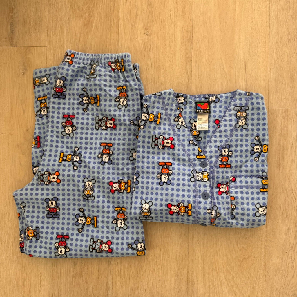 Vintage Mickey Mouse Pajama Set L Disney Flannel Sleepwear Y2K Lounge Set