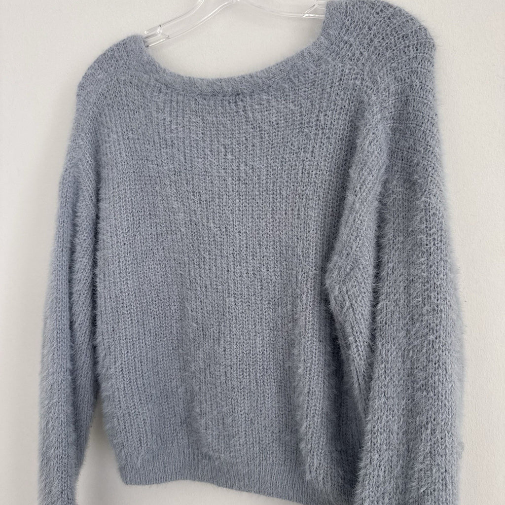 Nasty Gal Y2K Fuzzy Knit Cropped Cardigan Gray V Neck Button M