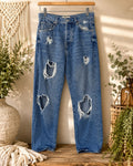 Free People Distressed Mom Jeans Womens 25 Blue Denim High Rise Button Fly Y2K
