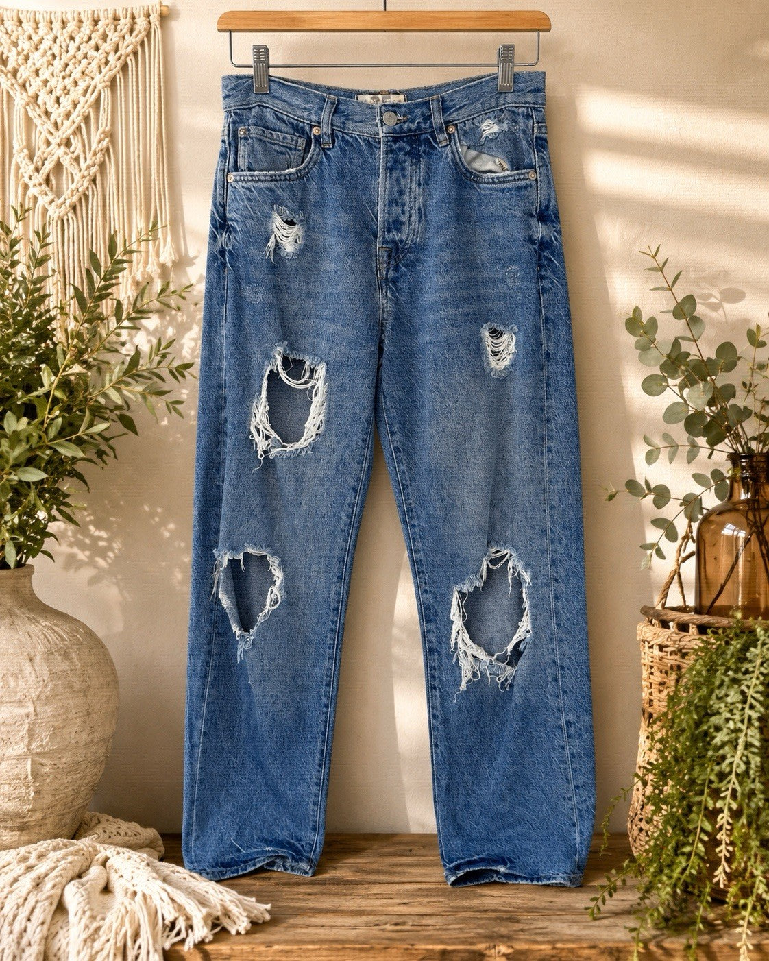 Free People Distressed Mom Jeans Womens 25 Blue Denim High Rise Button Fly Y2K