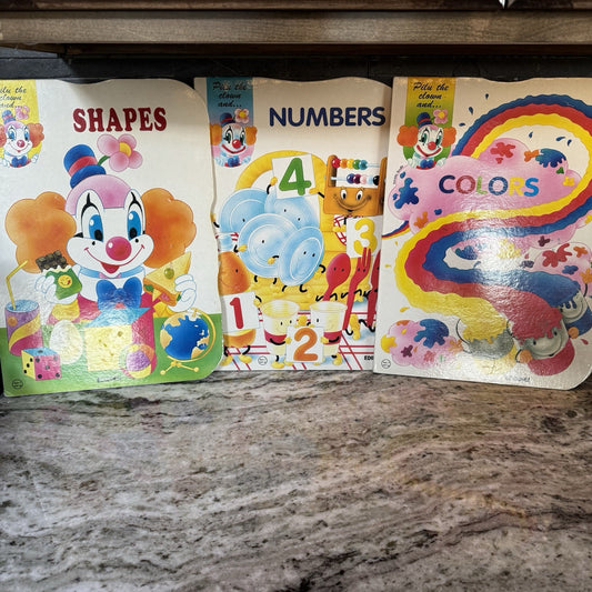 VTG PILU THE CLOWN SHAPES, NUMBERS & COLORS JUMBO SIZE  Book 1997 Set of 3 Books