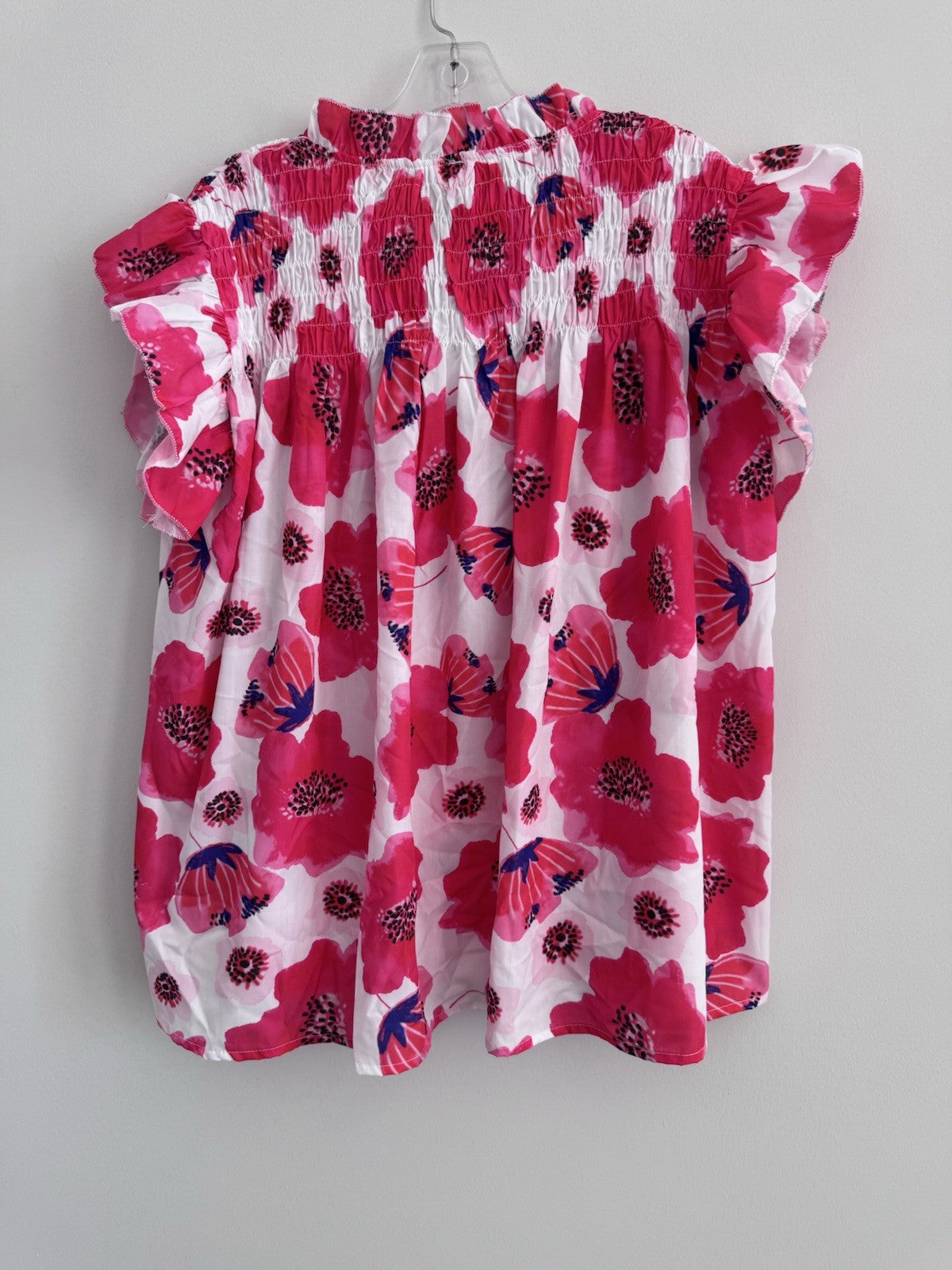 BiBi Pink Floral Blouse Small Smocked Ruffle Sleeve Button Front Top