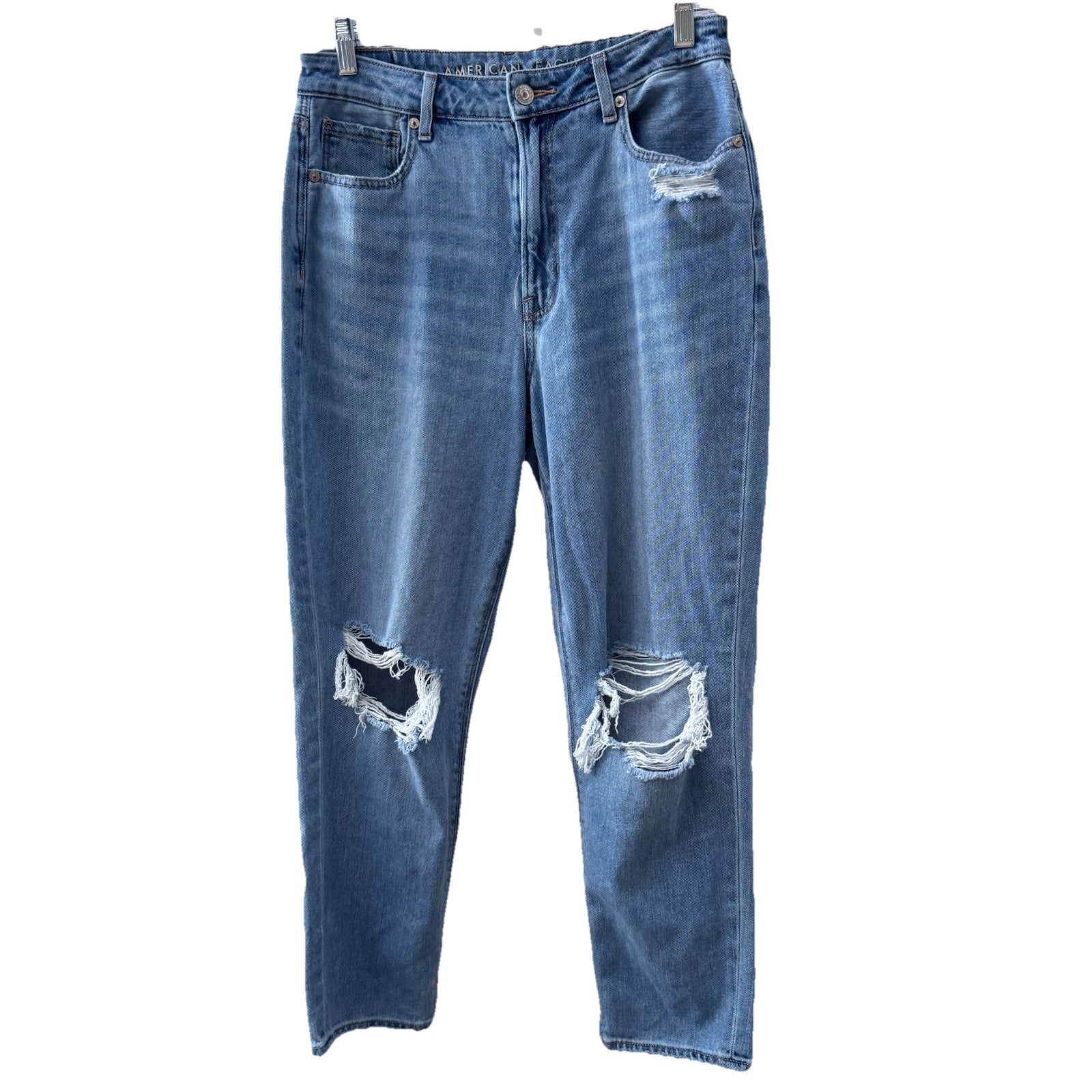 American Eagle Mom Jeans 8 Short Light Wash Distressed Ripped Knee Denim