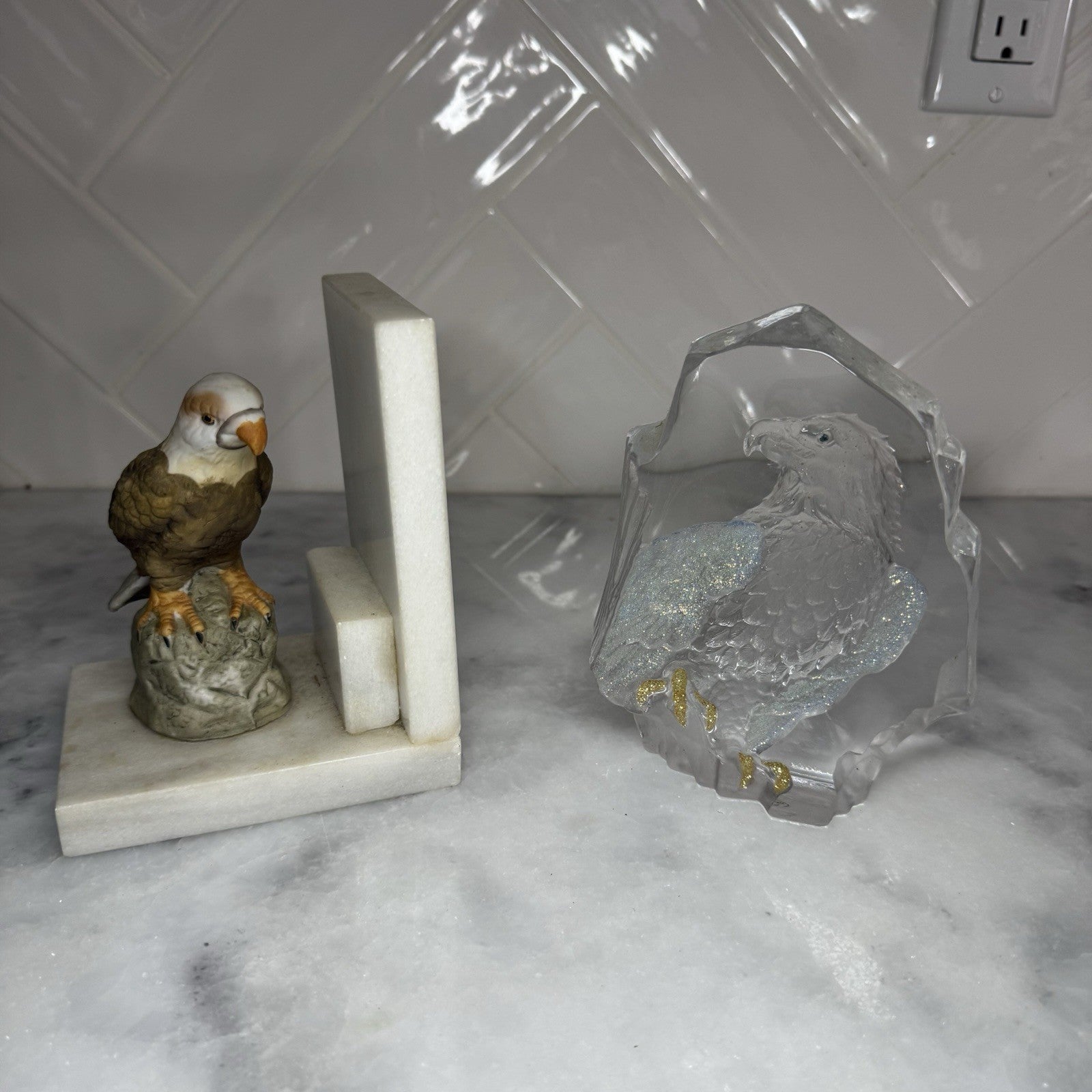 Vintage Eagle Bookends Marble & Lucite Bald Eagle Decor Set