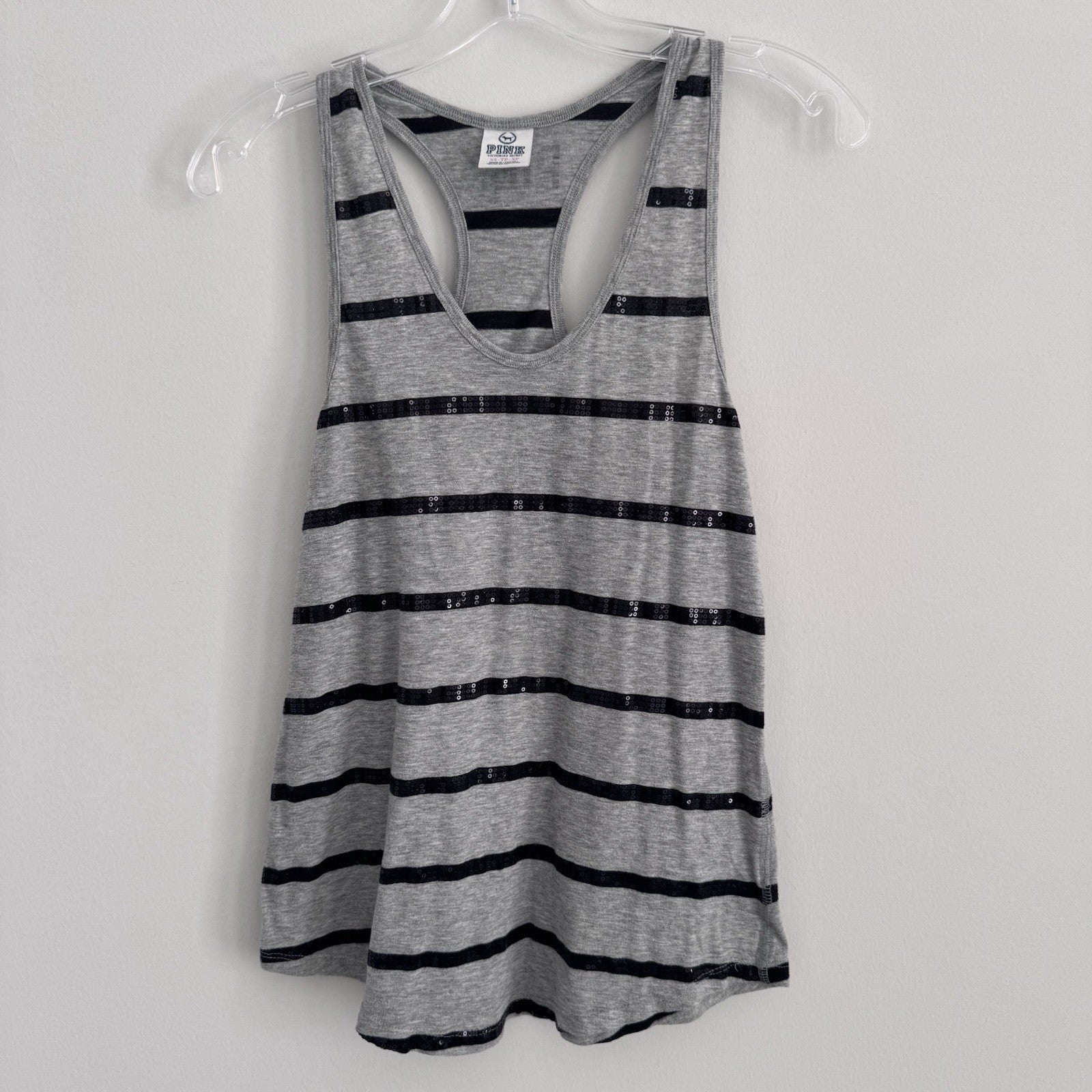 VICTORIA SECRET PINK TANK TOP Size XS Grey With Black Sequin Stripes Racer Back