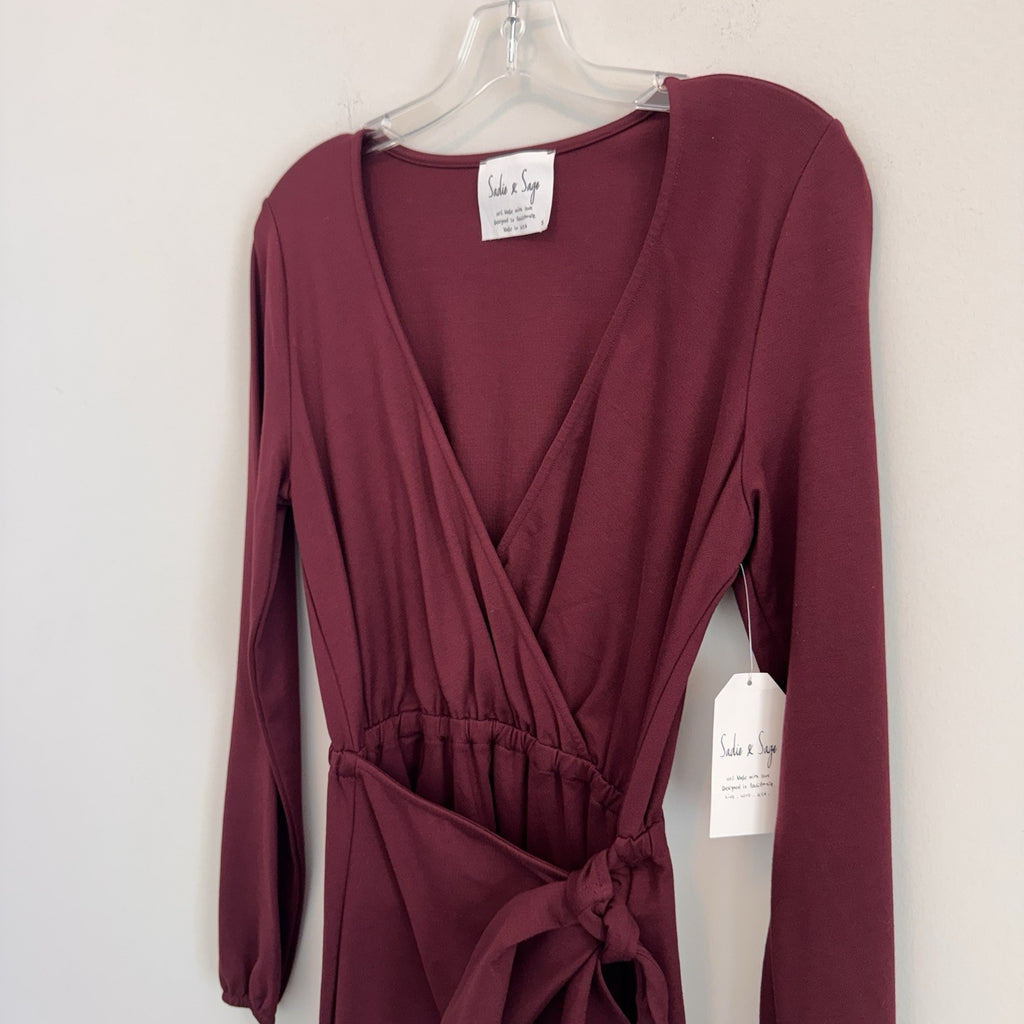 NWT Sadie & Sage Women Small Burgundy Faux Wrap Dress Long Sleeve Boho Boutique