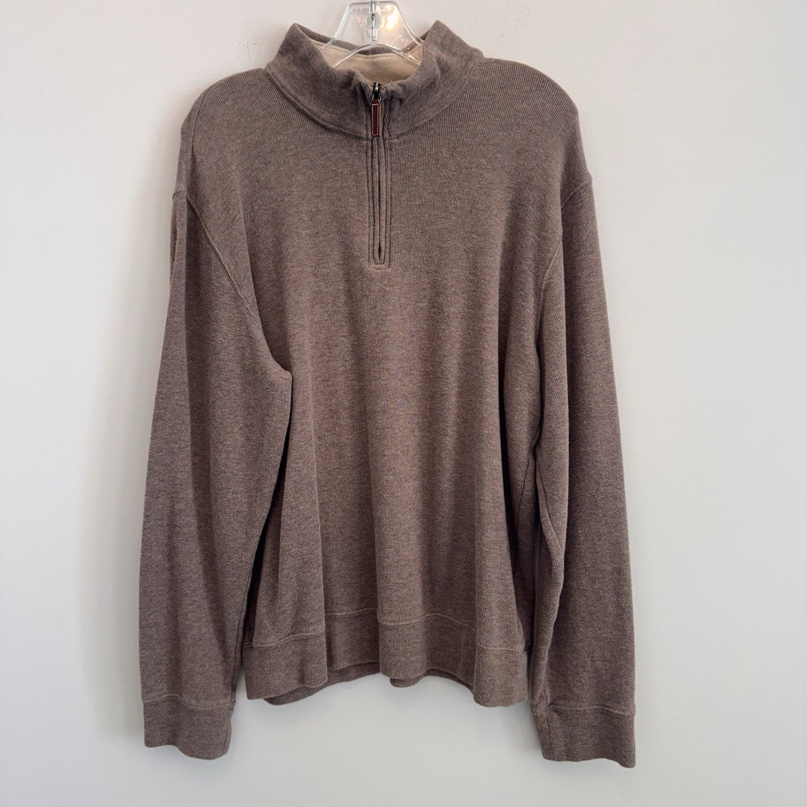 Lands' End Men’s Large Brown Drifter Quarter Zip Cotton Sweater Mock Neck