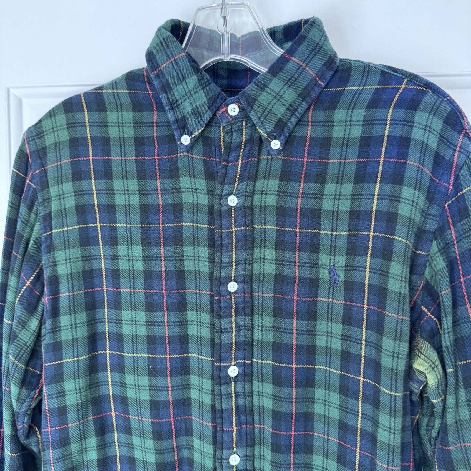 Ralph Lauren Men’s Custom Fit Plaid Flannel Shirt Size S Green Blue Cotton