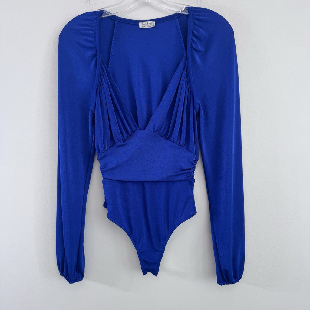 Free People Intimately Blue Long Sleeve Bodysuit Deep V Ruched Sz XS