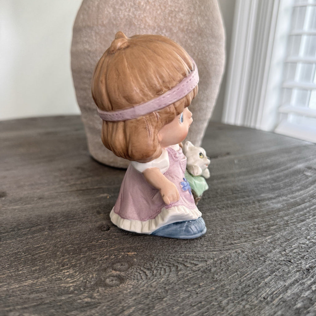Vintage Homeco Porcelain Figurine Girl in Pink Dress with White Cat in Basket