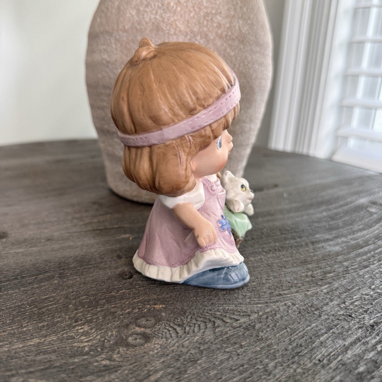 Vintage Homeco Porcelain Figurine Girl in Pink Dress with White Cat in Basket