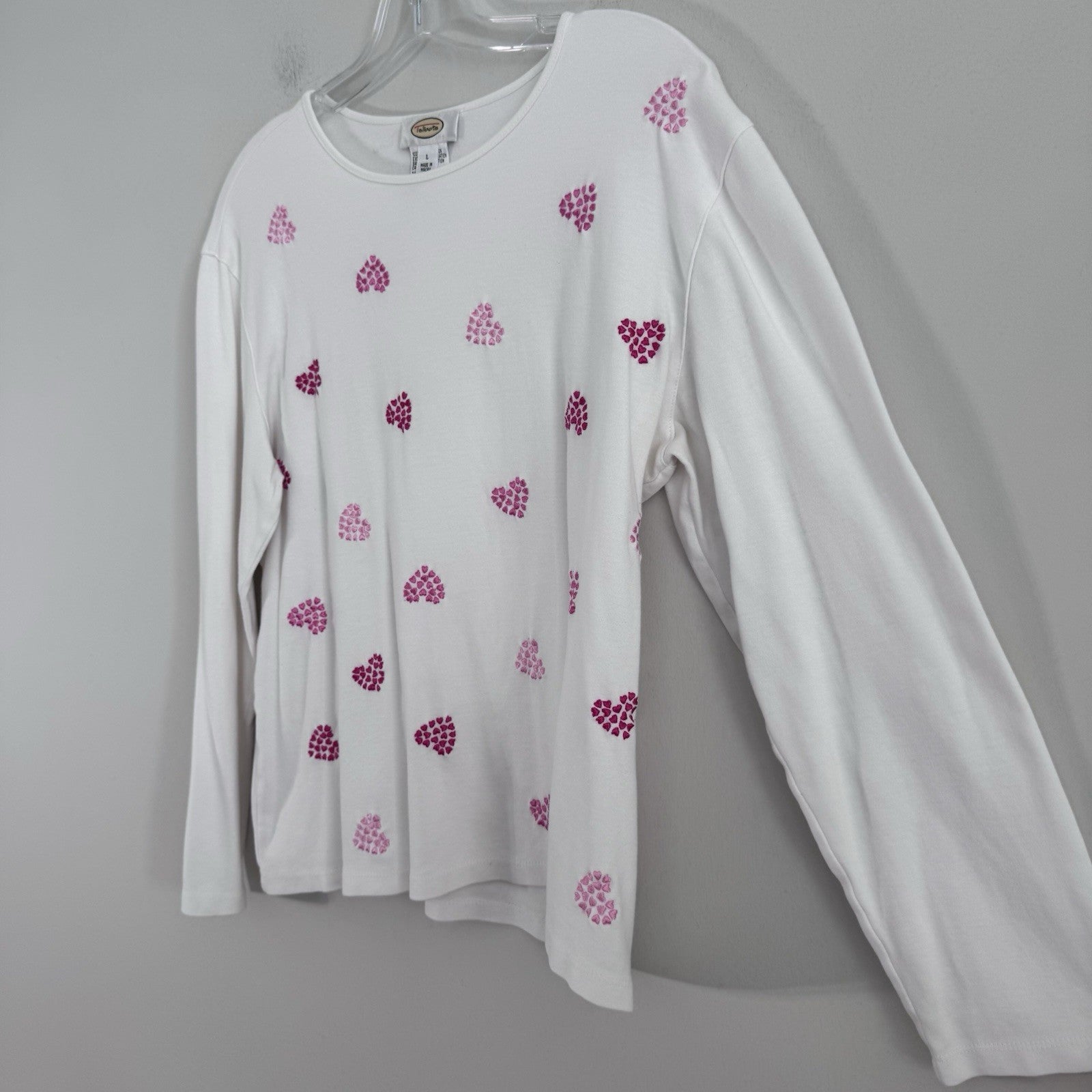 Talbots Womens Large White Pink Heart Print Long Sleeve Cotton Knit Top