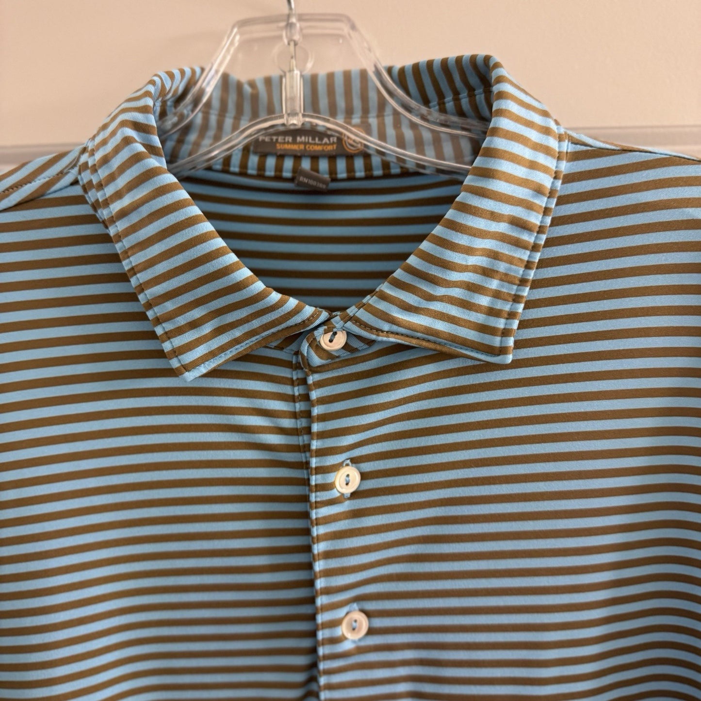 Peter Millar Summer Comfort Polo Shirt Men’s L Blue Brown Stripe Golf Stretch