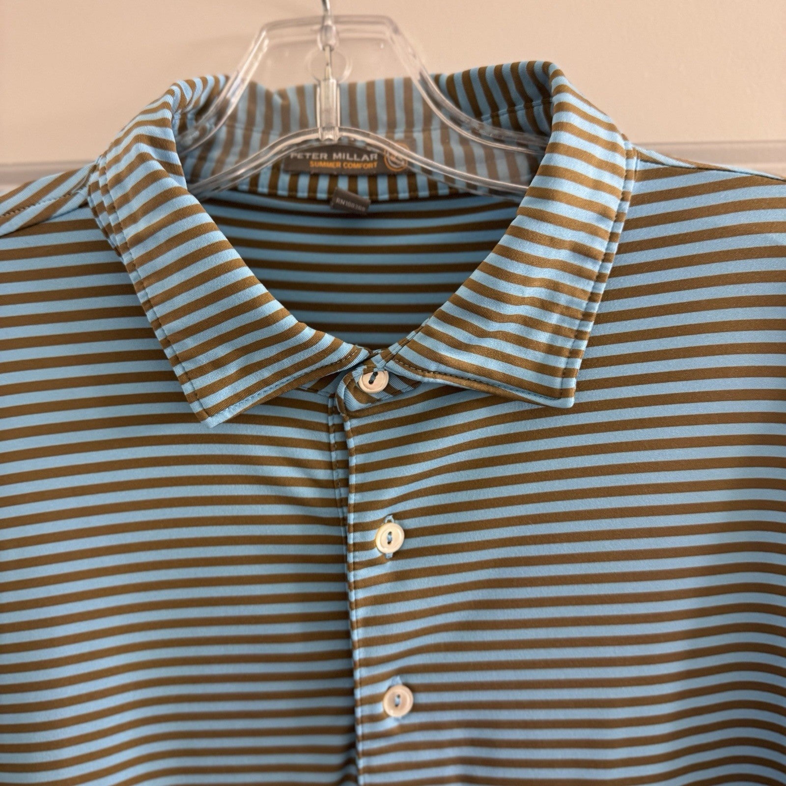 Peter Millar Summer Comfort Polo Shirt Men’s L Blue Brown Stripe Golf Stretch