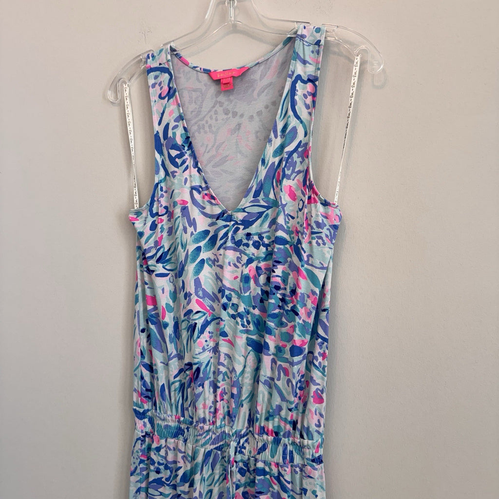 Lilly Pulitzer Donna Jumpsuit Small S Blue Pink Paisley Knit Sleeveless V-Neck