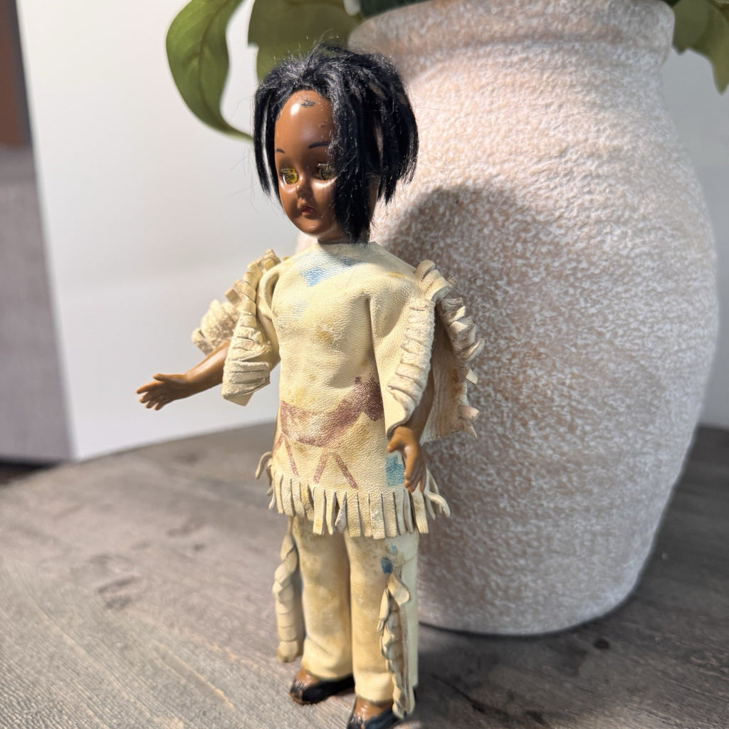 Vintage Native American & Eskimo Style Doll Trio 8" Fringed Buckskin Faux Fur