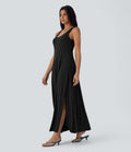 Halara Women's Medium Black U-Neck Flowy Maxi Tank Dress Side Slits Sleeveless