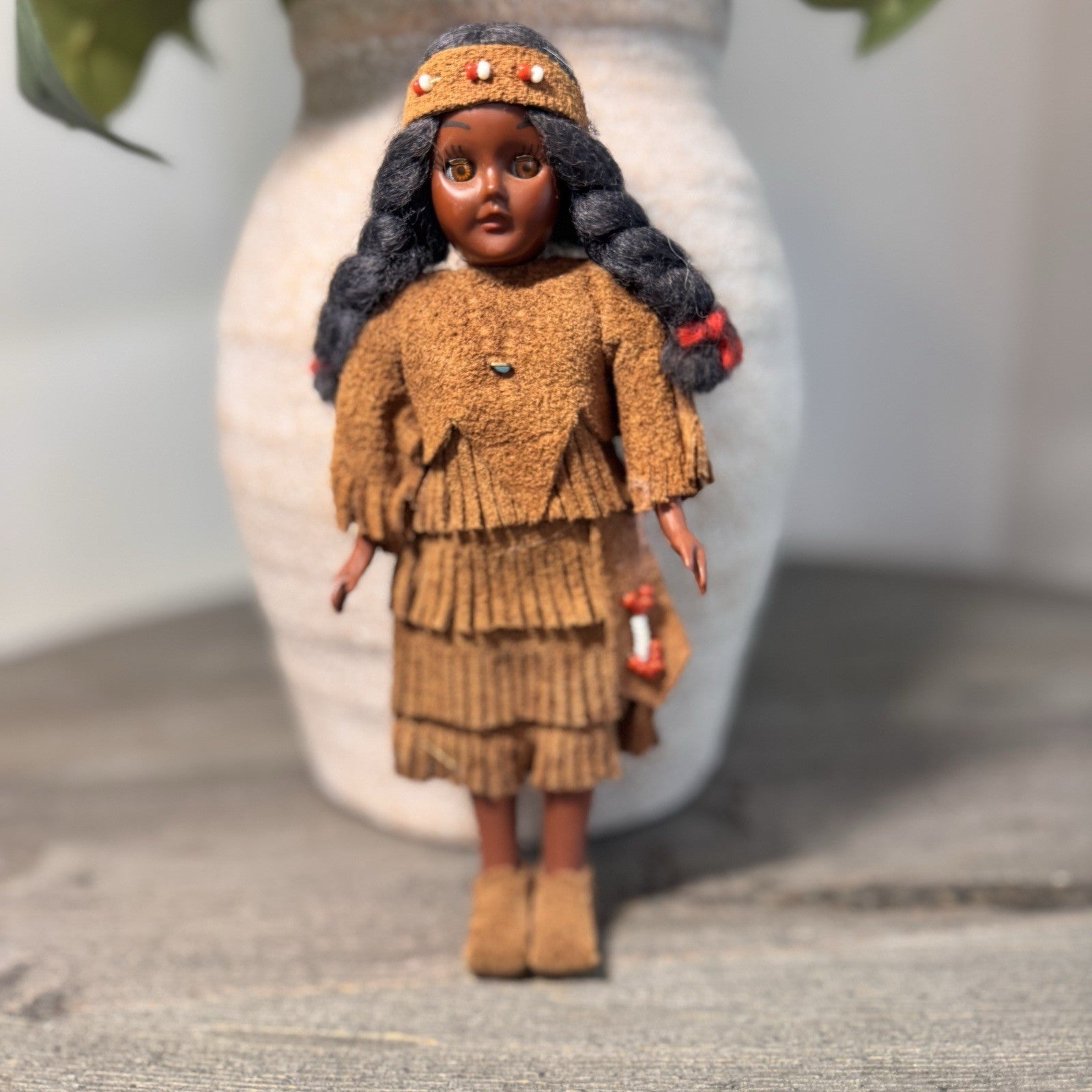 Vintage Native American & Eskimo Style Doll Trio 8" Fringed Buckskin Faux Fur