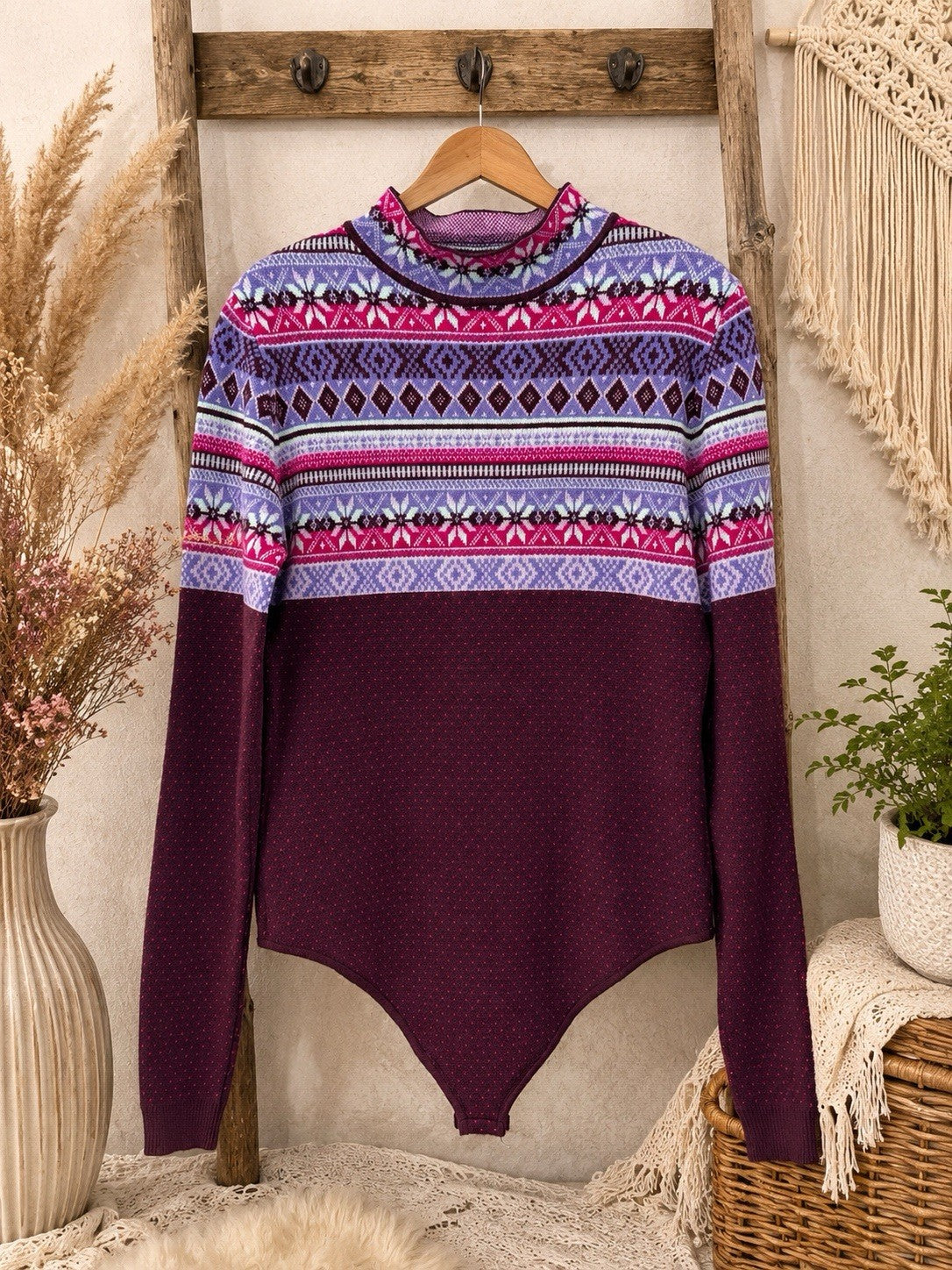 NWT Free People Intimately Fair Isle Knit Bodysuit Sweater Pink Purple L Women’s