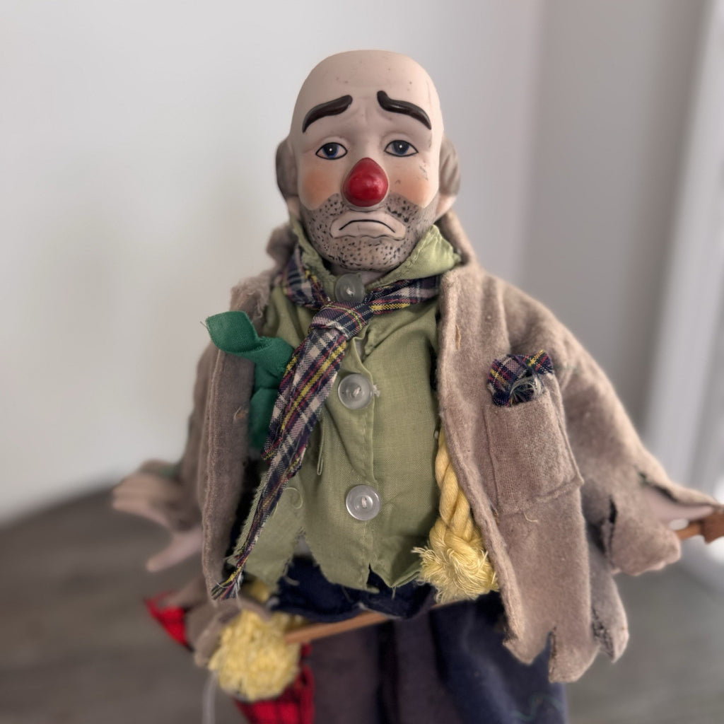 Vintage Sad Hobo Clown Porcelain Figurine 13" Emmett Kelly Style with Broom