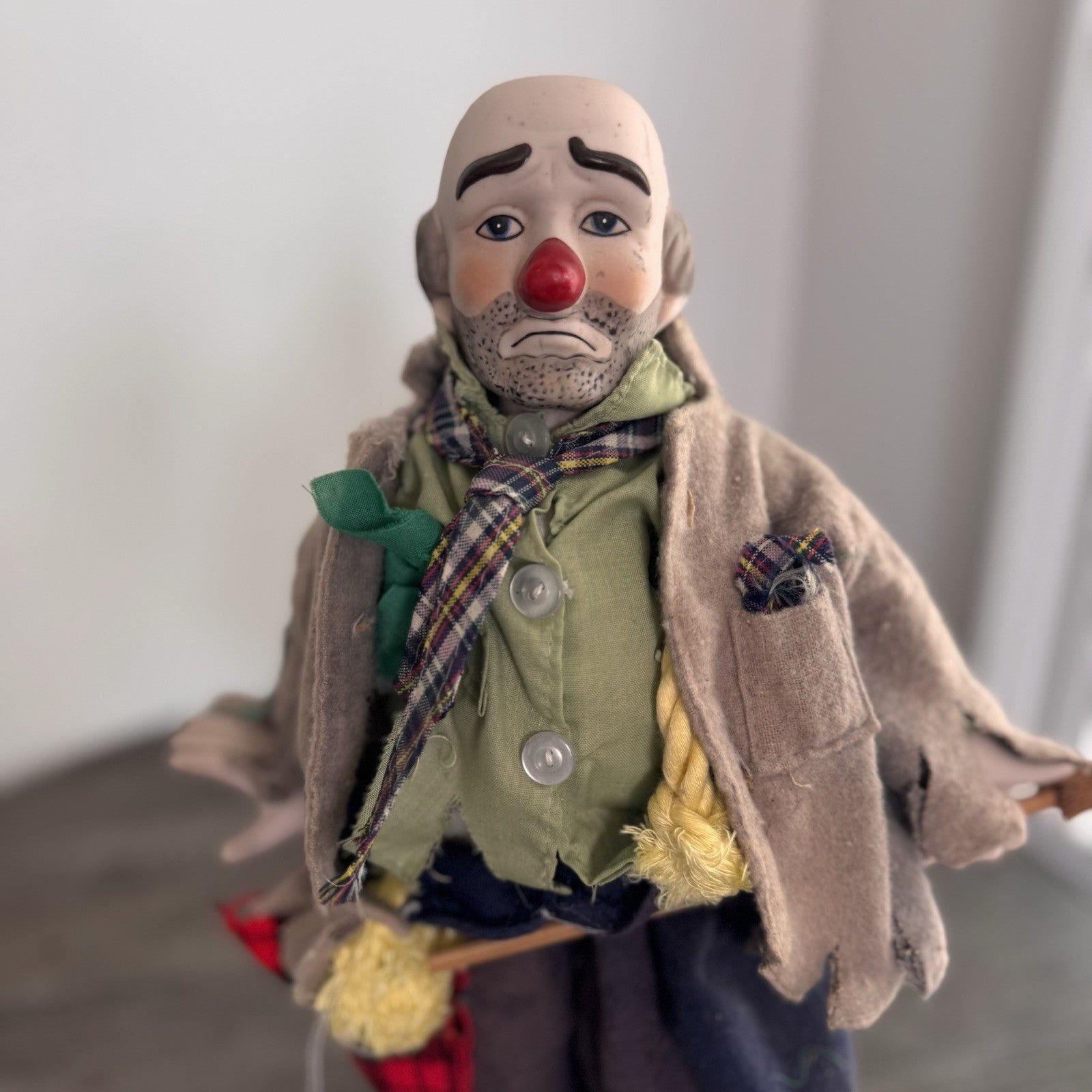 Vintage Sad Hobo Clown Porcelain Figurine 13" Emmett Kelly Style with Broom
