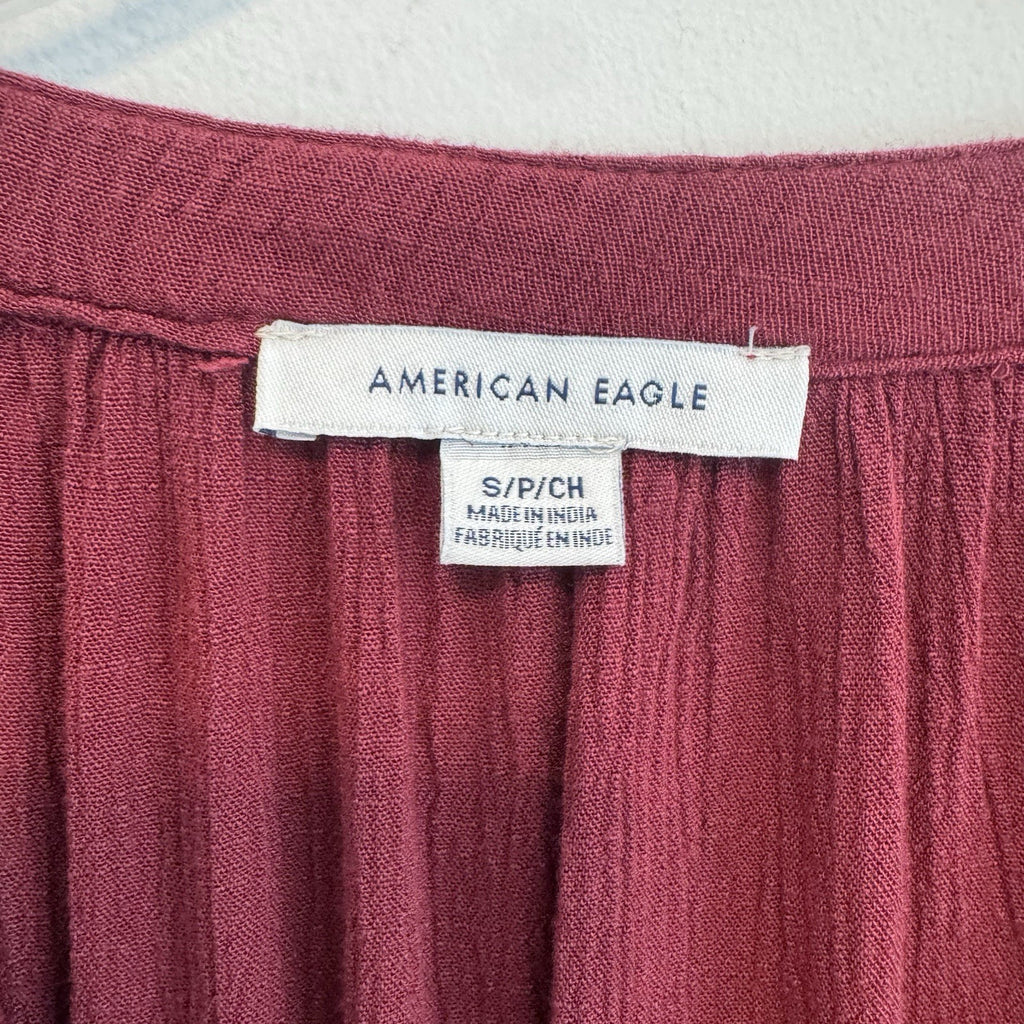 American Eagle Peasant Blouse Womens S Burgundy Embroidered Boho Hippie Casual
