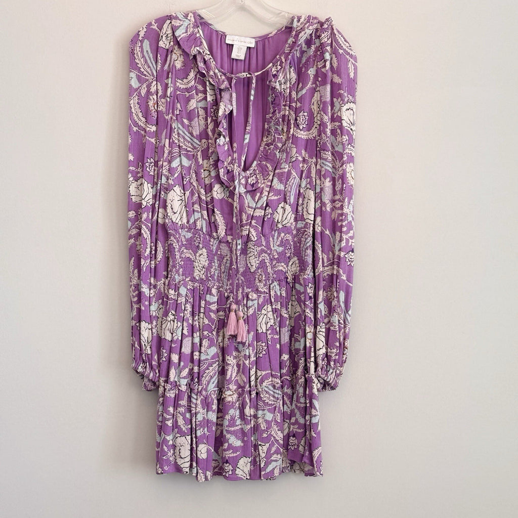 House of Harlow 1960 Paisley Pink Purple Smocked Boho Tiered Short Dress Size S
