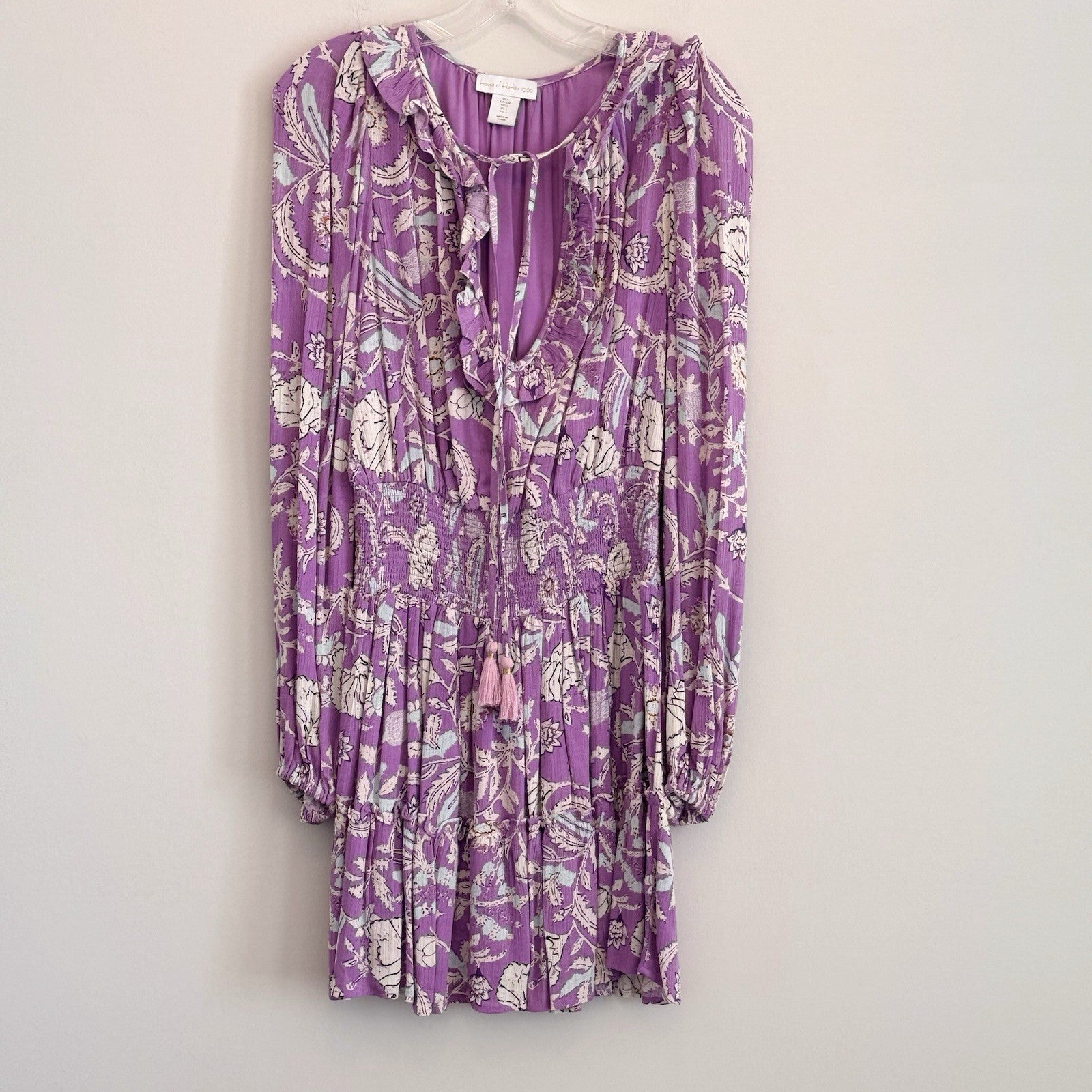 House of Harlow 1960 Paisley Pink Purple Smocked Boho Tiered Short Dress Size S