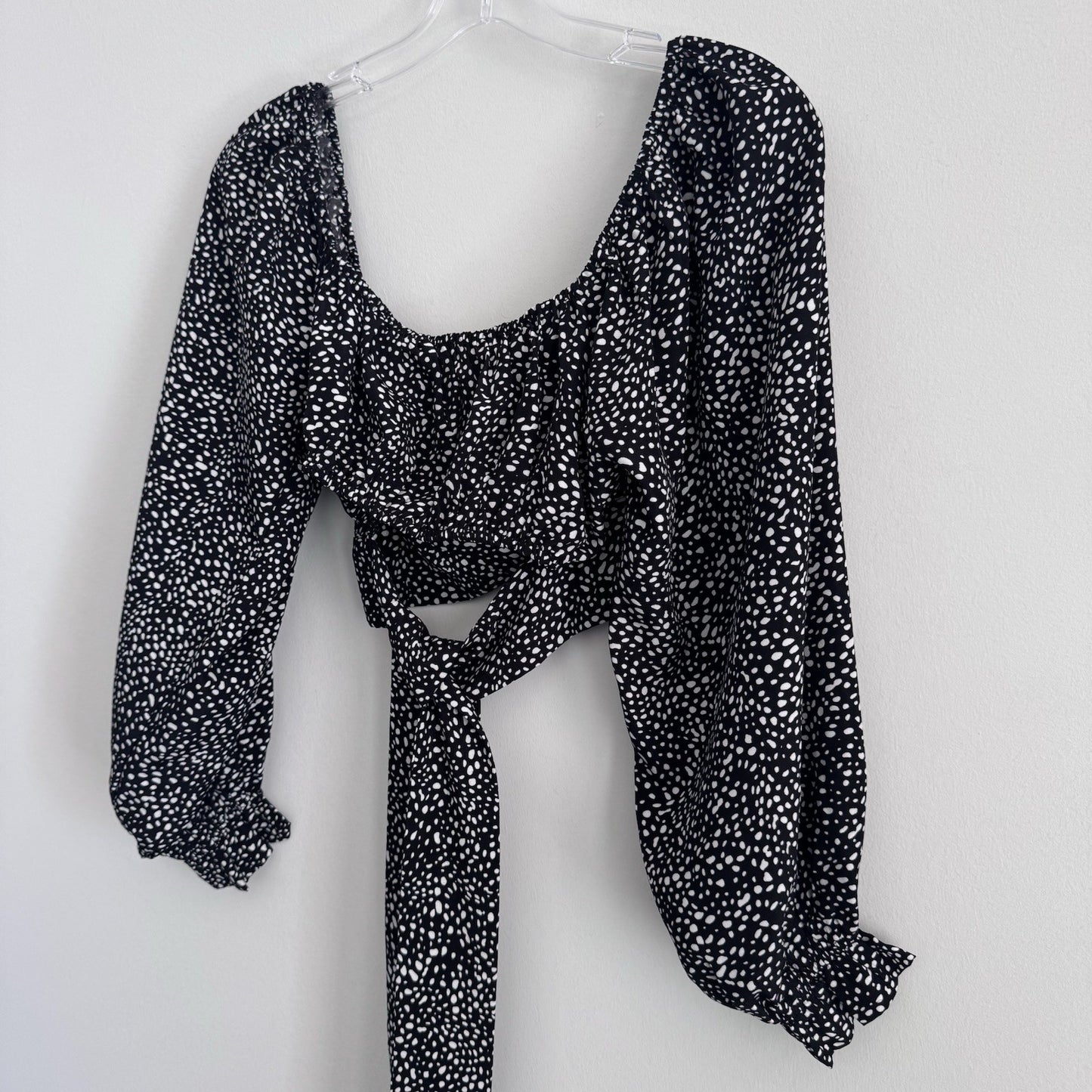 Altar’d State Black Polka Dot Tie Back Crop Top Small Puff Sleeve