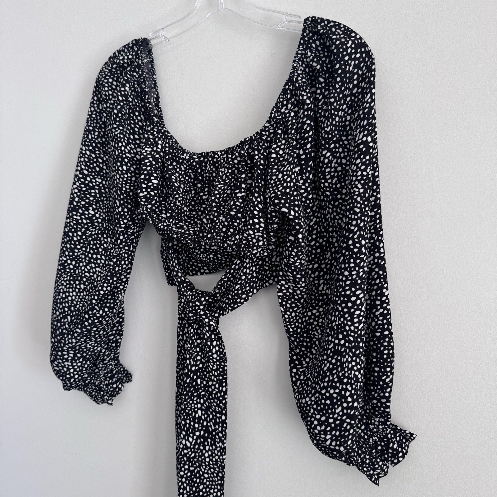 Altar’d State Black Polka Dot Tie Back Crop Top Small Puff Sleeve