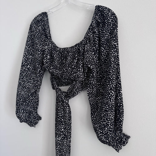 Altar’d State Black Polka Dot Tie Back Crop Top Small Puff Sleeve