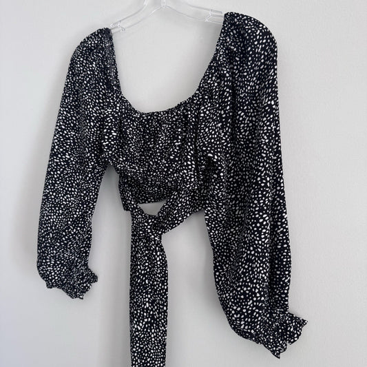 Altar’d State Black Polka Dot Tie Back Crop Top Small Puff Sleeve