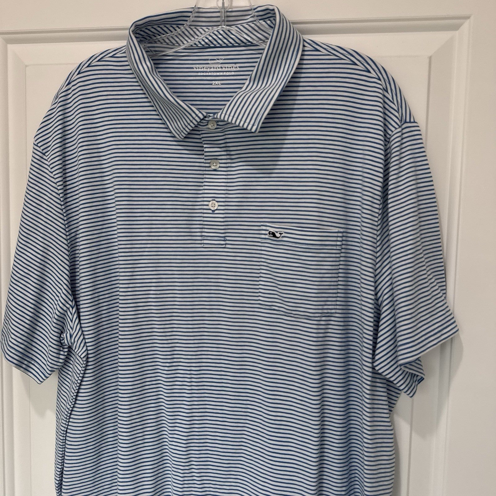 Vineyard Vines Edgartown Polo 2XL Blue White Striped Pima Cotton Stretch Shirt