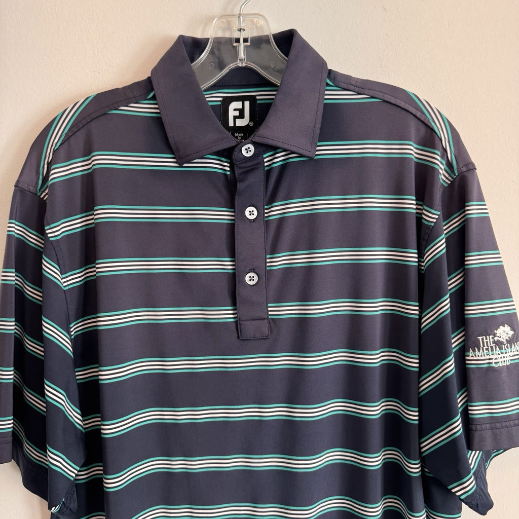 FootJoy FJ Golf Polo Shirt Mens Medium Striped Amelia Island Club Navy Men’s