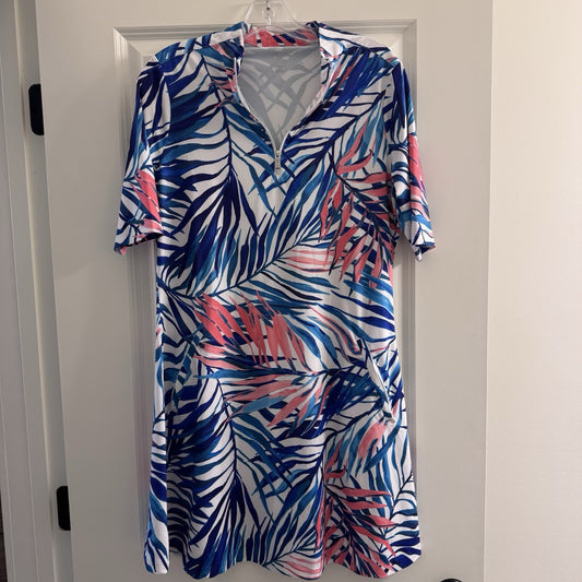 Tail Activewear Tropical Print Golf Dress Zip Neck Size M Pink Blue Leafy