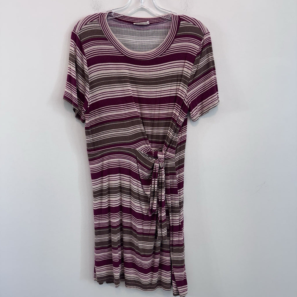 Entro Striped Tie Front Dress Women’s Large Ribbed Burgundy Boho Boutique Dress